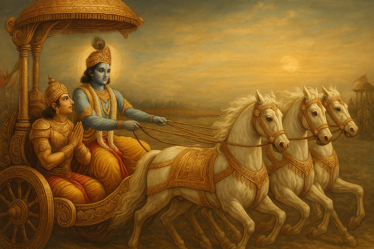 Shri Krishna guiding Arjun on the chariot
